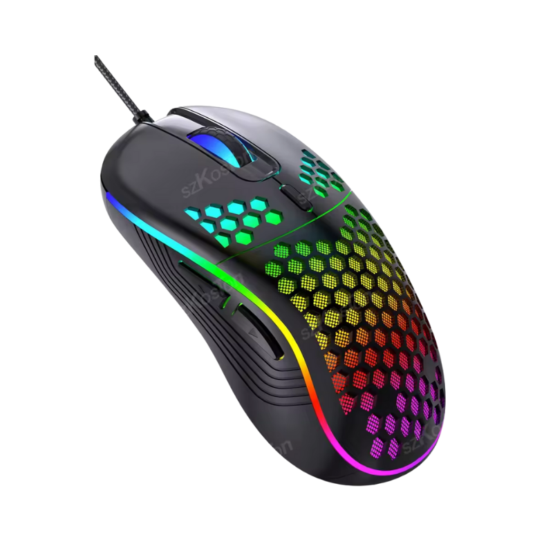 Ratón gamer ergonómico – Carcasa perforada ultraligera, RGB automático, 6 botones, cable trenzado flexible, ajuste DPI, compatible con Windows/macOS
