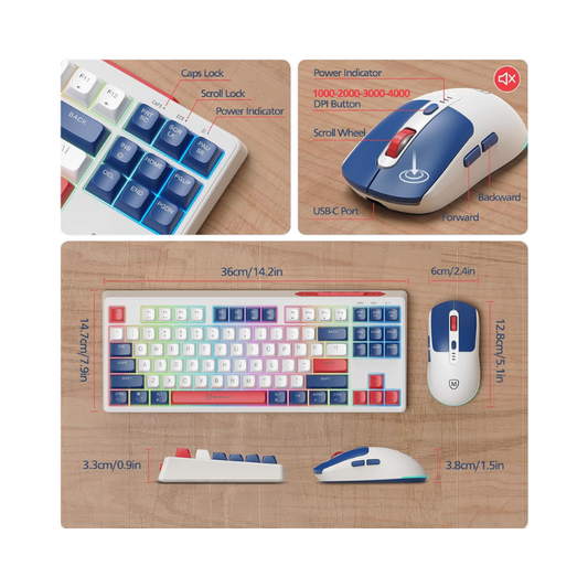 Combo de teclado y mouse inalámbricos 2.4G – Retroiluminación RGB, recargables, USB y adaptador tipo C, compatibles con Windows, MacOS y Android