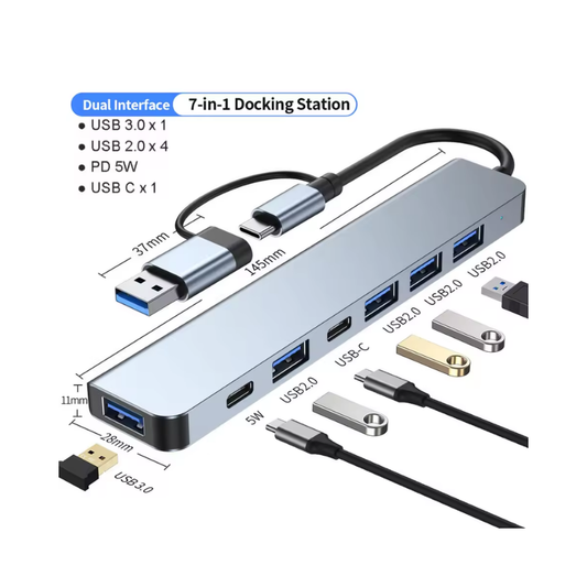 Hub USB C 7 en 1 de aluminio – Extensor con USB 3.0, 4 puertos USB 2.0 y 2 USB-C, compatible con enchufe estadounidense, portátil y ligero