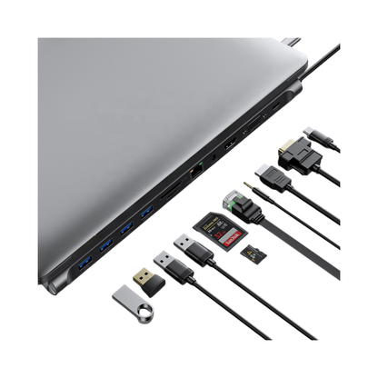 Estación USB-C 11 en 1 – Salidas 4K/1080P, internet por cable, audio 3.5 mm, lector de tarjetas y varios puertos USB, compatible con Mac, Windows y celulares
