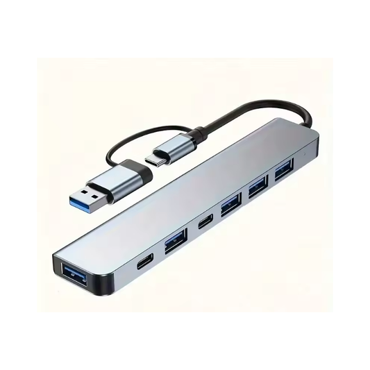 Hub USB C 7 en 1 de aluminio – Extensor con USB 3.0, 4 puertos USB 2.0 y 2 USB-C, compatible con enchufe estadounidense, portátil y ligero