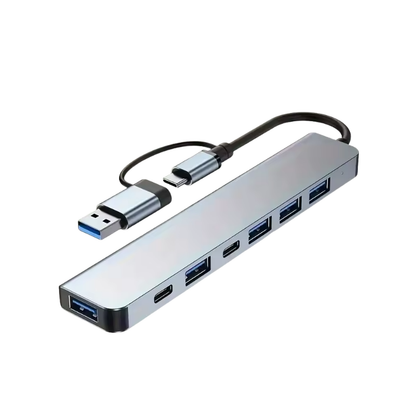 Hub USB C 7 en 1 de aluminio – Extensor con USB 3.0, 4 puertos USB 2.0 y 2 USB-C, compatible con enchufe estadounidense, portátil y ligero